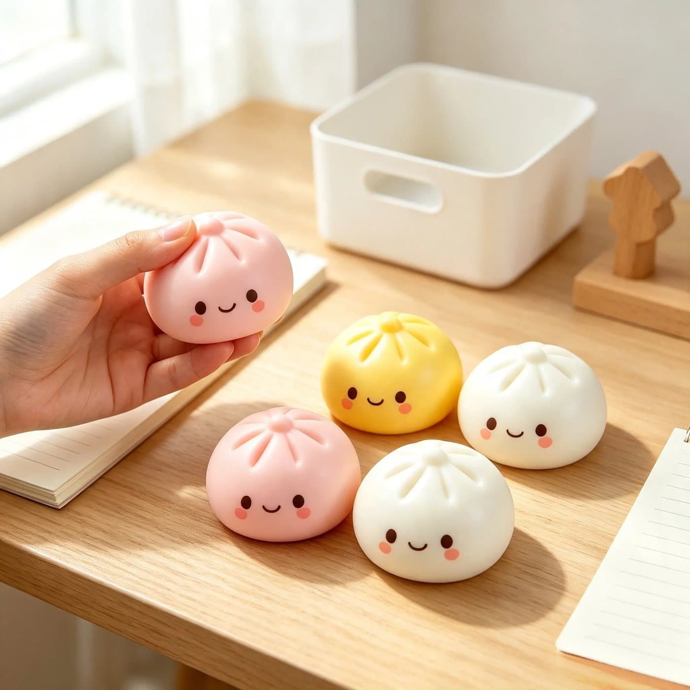 Hand squeezing a soft pink dumpling squishy on a desk
