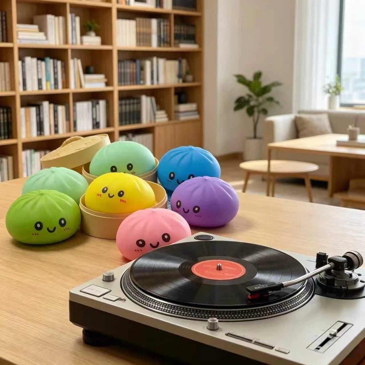 Dumpling squishies on a desk next to a record player