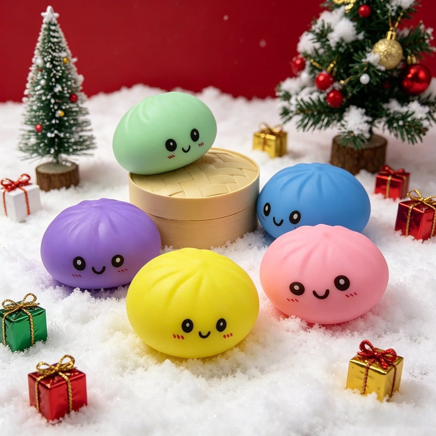 Dumpling squishies with Christmas gifts and a tree